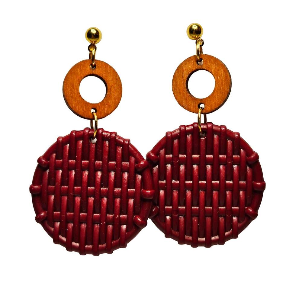 Faux Rattan‎ and Wood Mix Media Earrings Fall Autumn Cottage  Boho